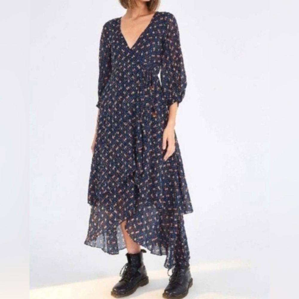Farm Rio Navy Blue Patterned Midi Wrap Dress